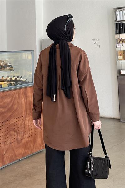 Tek Cep Detaylı Oversize Gömlek Acı Kahverengi