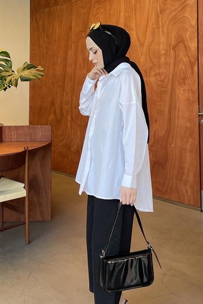 Tek Cep Detaylı Oversize Gömlek Beyaz
