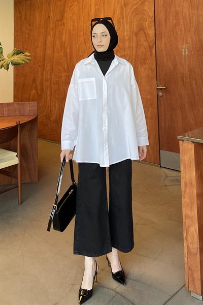 Tek Cep Detaylı Oversize Gömlek Beyaz