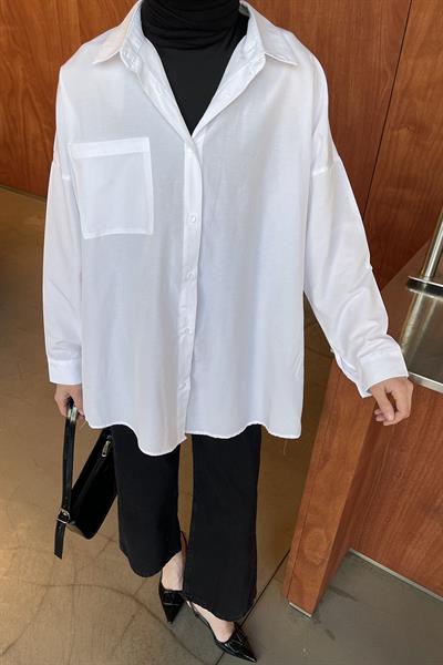 Tek Cep Detaylı Oversize Gömlek Beyaz