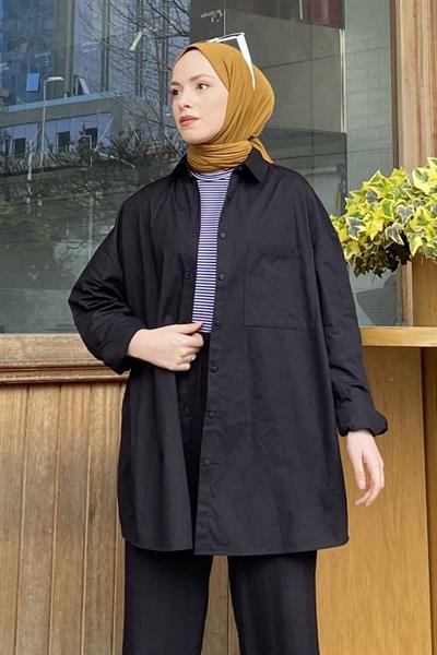 Tek Cep Detaylı Oversize Gömlek Siyah
