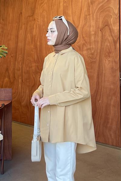 Tek Cep Detaylı Oversize Gömlek Sütlü Kahve