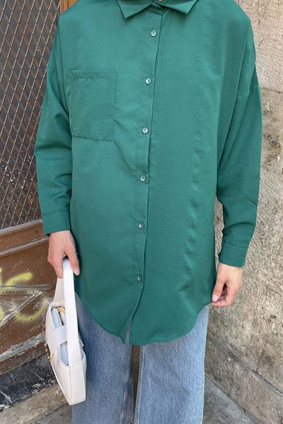 Tek Cep Detaylı Oversize Gömlek Zümrüt Yeşili