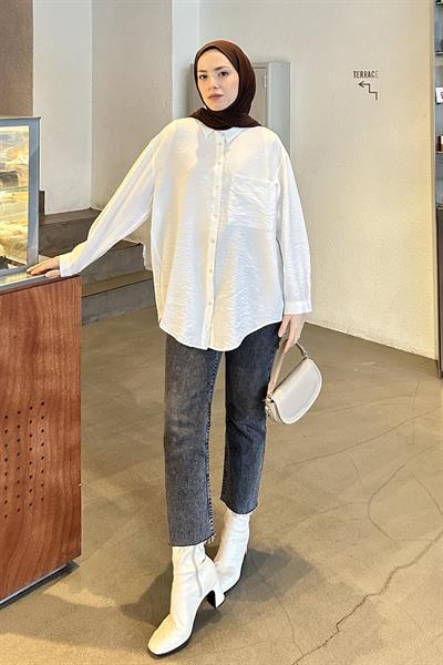 Tek Cep Oversize Gömlek Beyaz