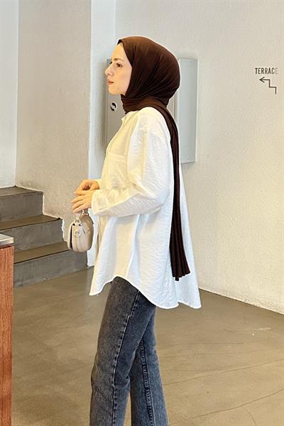 Tek Cep Oversize Gömlek Beyaz