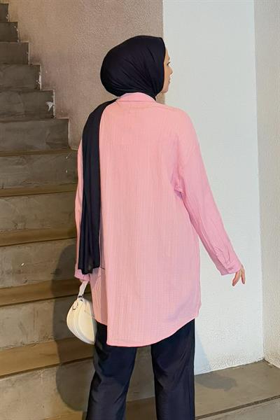 Tek Cepli Gofre Tesettür Gömlek Pembe
