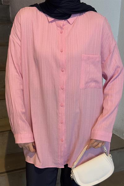 Tek Cepli Gofre Tesettür Gömlek Pembe