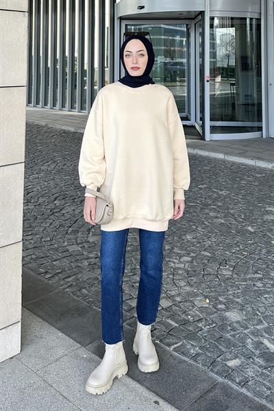 Üç İplikli Yarım Balıkçı Yakalı Basic Tunik Krem