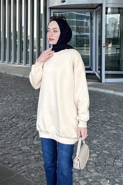 Üç İplikli Yarım Balıkçı Yakalı Basic Tunik Krem