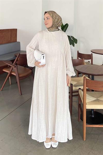 Uzun Gofre Tesettür Elbise Bej