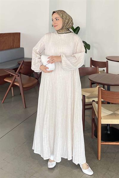 Uzun Gofre Tesettür Elbise Bej