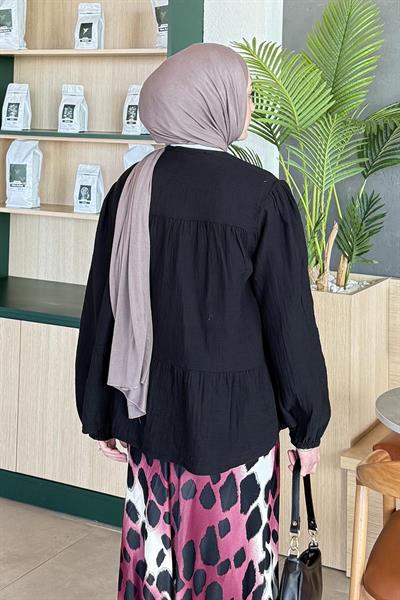 V Yaka Kolları Lastikli Müslim Tesettür Gömlek Siyah