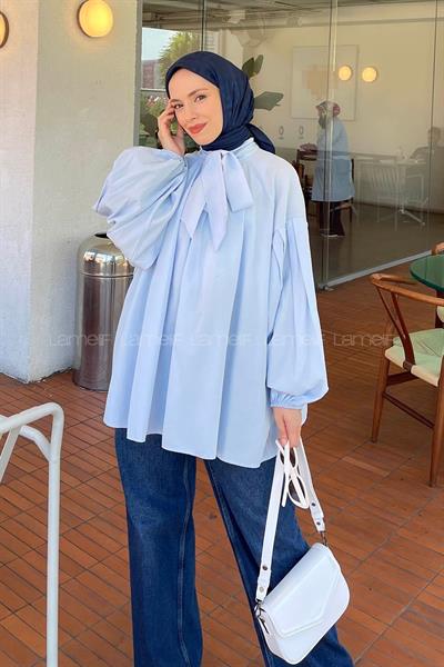 Yaka Fular Detaylı Gömlek Bebe Mavisi