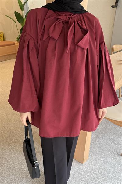 Yaka Fular Detaylı Gömlek Bordo