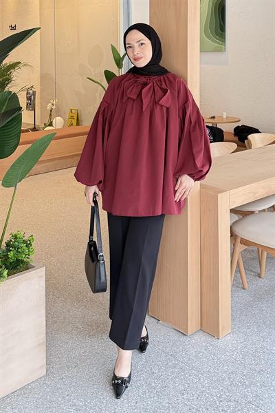 Yaka Fular Detaylı Gömlek Bordo