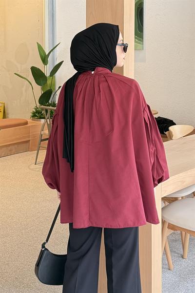 Yaka Fular Detaylı Gömlek Bordo