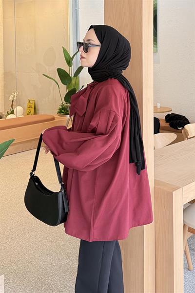 Yaka Fular Detaylı Gömlek Bordo