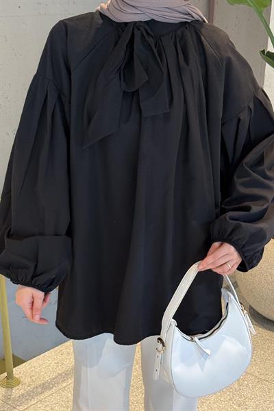 Yaka Fular Detaylı Gömlek Siyah