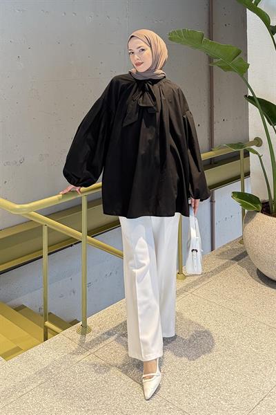 Yaka Fular Detaylı Gömlek Siyah