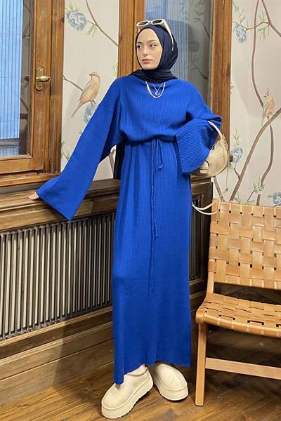 Yarasa Kol Triko Elbise Saks Mavisi