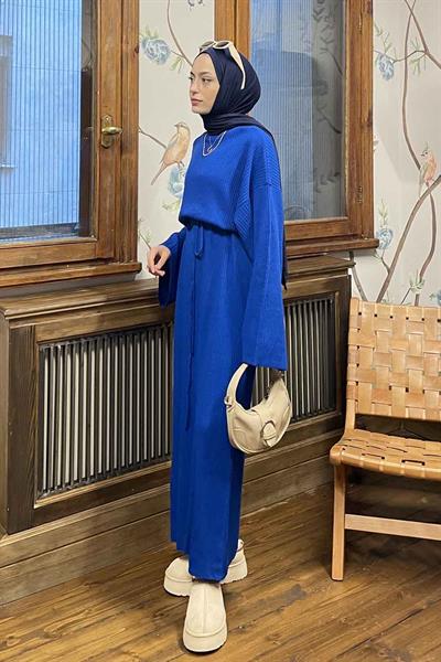 Yarasa Kol Triko Elbise Saks Mavisi