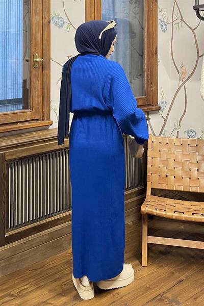 Yarasa Kol Triko Elbise Saks Mavisi