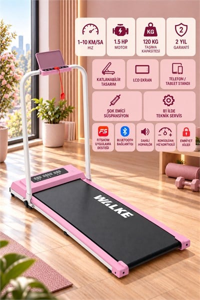 Walke W-Fit Plus Koşu Bandı Pembe Dahili Hoparlörlü Hız Kontrollü Uygulamalı