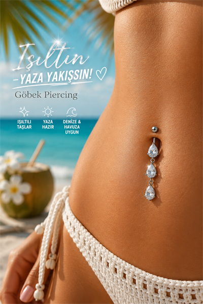 3 Damla Zirkon Taşlı Çelik Göbek Piercingi Sallantılı Model Su Damlası