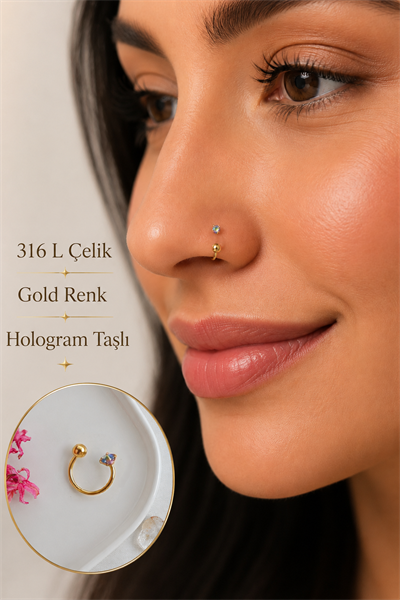 316 L Çelik Hologram Taşlı Hızma Piercing 8 mm Burun Helix Tragus Kıkırdak Küpe