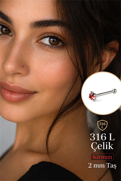 316L Çelik Tektaş Hızma 2 mm Zirkon Taşlı Burun Piercing (1 Adet)