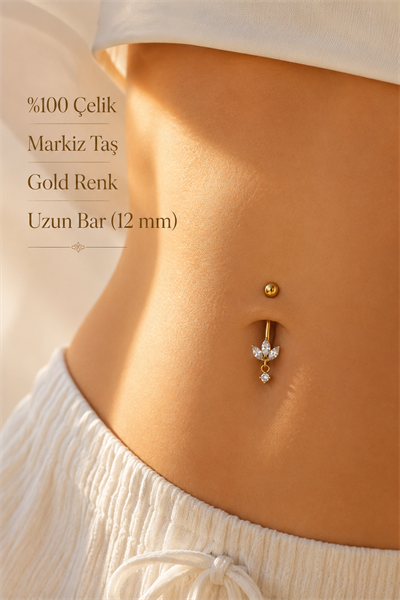 316L Çelik Uzun Bar Minimal Markiz Taşlı Göbek Piercingi 12 mm