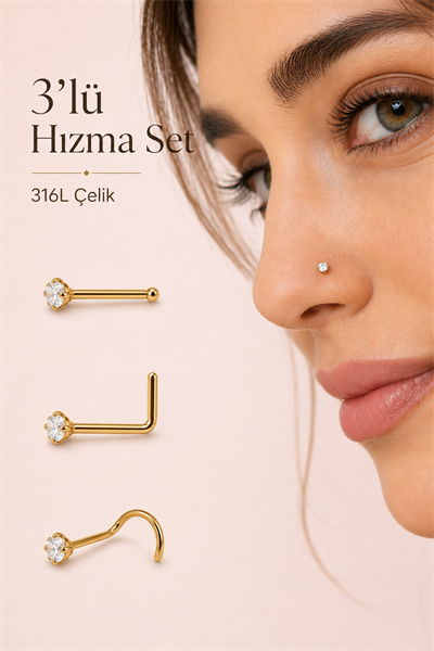 3'lü 316L Çelik Burun Hızması Seti 3 mm Zirkon Taşlı Düz L Kıvrımlı