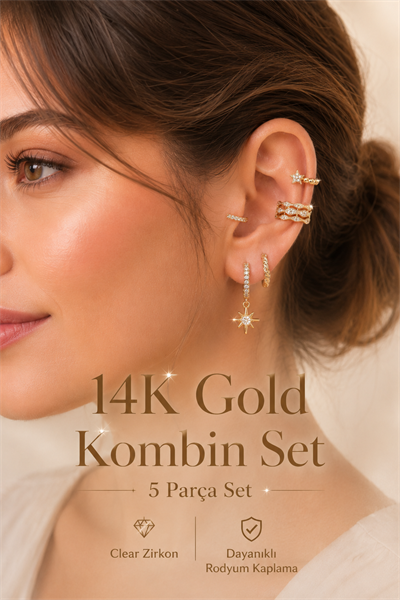5 Parça 14K Gold Kulak Kombin Seti Zirkon Taşlı Küpe ve Earcuff