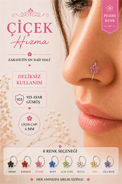 925 Ayar Gümüş Çiçek Halka Hızma Deliksiz ve Delikli Kullanıma Uygun Renkli Kristal Taşlı Burun Piercing
