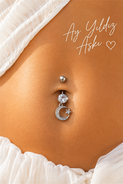 Ay Yıldız Sallantılı Zirkon Taşlı Çelik Göbek Piercing