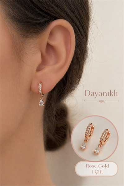 Damla Zirkon Taşlı Halka Küpe Rose Gold 1 Çift