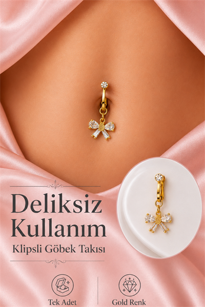 Deliksiz Göbek Piercingi Klipsli Fiyonk Model Zirkon Taşlı Sıkıştırmalı Göbek Takısı Tek Adet