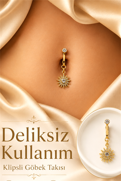 Deliksiz Göbek Piercingi Klipsli Güneş Model Zirkon Taşlı Sıkıştırmalı Göbek Takısı Tek Adet