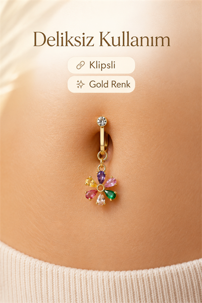 Deliksiz Multicolor Çiçek Göbek Piercingi Klipsli Çelik Zirkon Taşlı