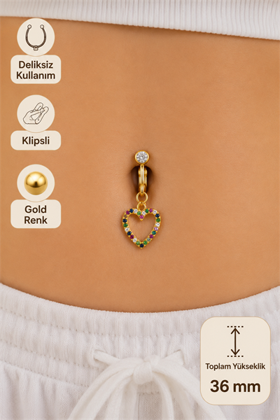 Deliksiz Multicolor Kalp Göbek Piercingi Klipsli Çelik Zirkon Taşlı
