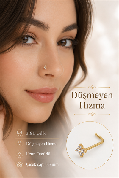 Düşmeyen L Model Çiçekli Çelik Burun Hızması 316L Zirkon Taşlı