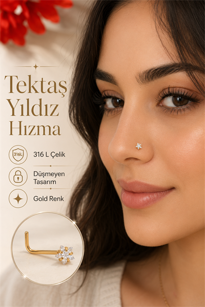 Düşmeyen L Model Yıldız Tektaş Çelik Burun Hızması 316L Zirkon Taşlı