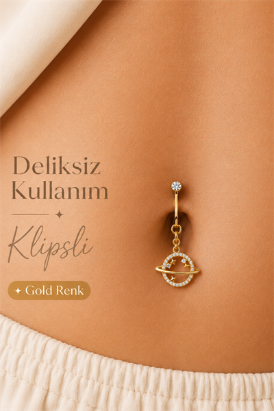 Galaksi Satürn Deliksiz Klipsli Göbek Piercingi Zirkon Taşlı Sallantılı