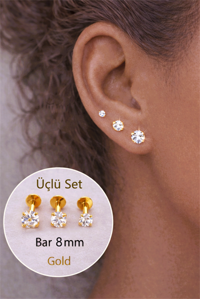 Gold Tektaş Çelik 3'lü Set Çelik Piercing Tragus Helix 8 mm