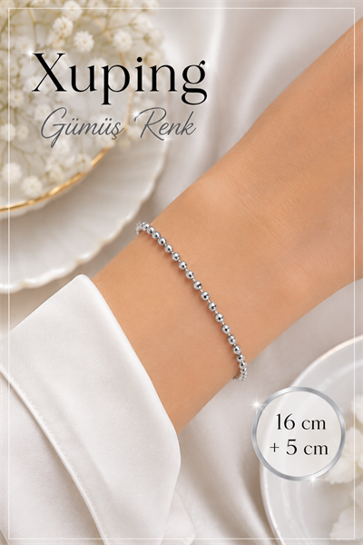 Gümüş Renk Topçuklu Kadın Bileklik 16 cm + 5 cm Dorika Bileklik