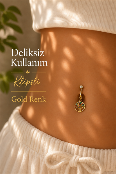 Hayat Ağacı Deliksiz Klipsli Göbek Piercingi Renkli Zirkon Taşlı
