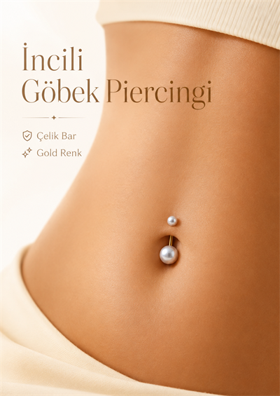 İnci Görünümlü Boncuklu Göbek Piercingi Çelik Bar