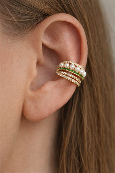 İncili & Yeşil Zirkon Taşlı 14K Gold Rodyum Kaplama Çelik Earcuff – Deliksiz Kıkırdak Küpesi