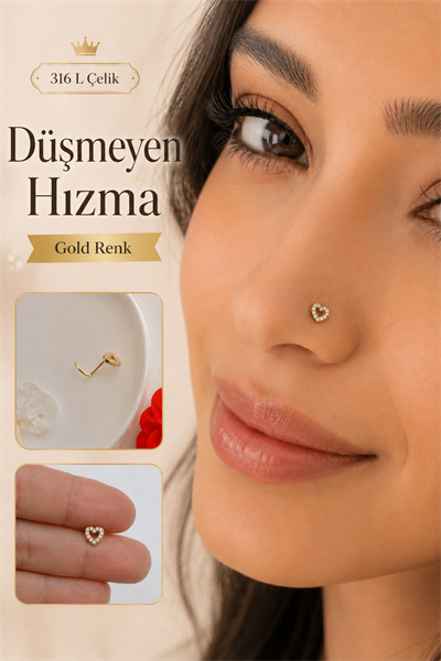 Kalp Model Zirkon Taşlı Düşmeyen Çelik Burun Hızması