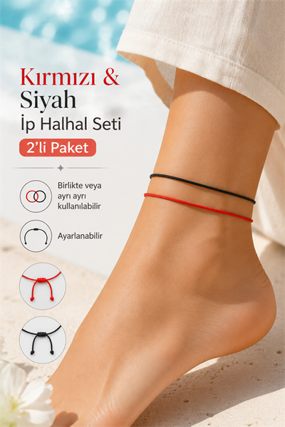 Kırmızı Siyah İp Halhal Seti 2'li Paket Ayarlanabilir Makrome Halhal